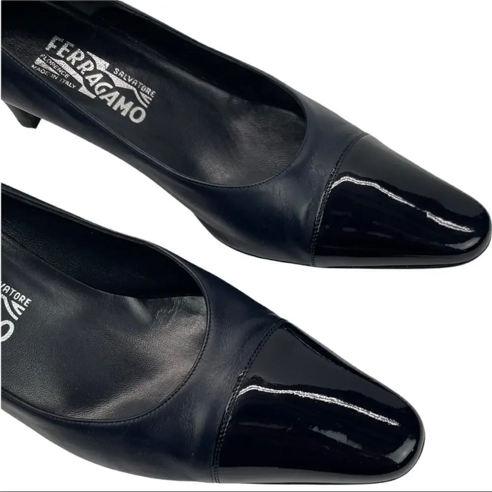 VTG Salvatore Ferragamo Navy  Dual Texture Patent Cap Toe/Leather Heels Pumps 9